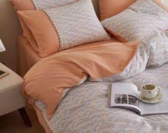 Peach Floral Duvet Cover Set: Cottagecore Lace Trim Bedding