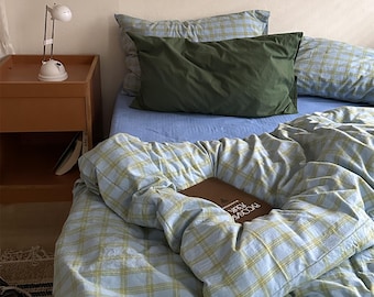 Green Plaid Bedding Set, Vintage Checkered Duvet Cover Set, Soft Cotton Bed Set, Minimalist Cottage Bedding, Blue Green Plaid Sheets Set