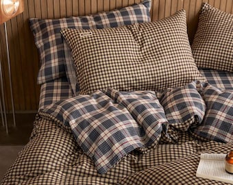 Beige Gingham Bedding Set Vintage Plaid Duvet Cover Cozy Neutral Bedroom Decor