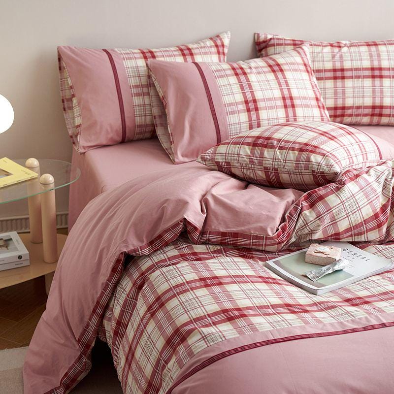 Rosa karierte Bettwäsche Set Vintage Red Check Bettbezug Gemütliche Cottagecore Schlafzimmer Soft Feminine Dekor