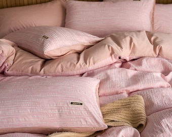 Pink Striped Bedding Set Soft Duvet Cover Cozy Minimal Bedroom Comforter Set