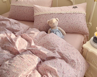 Lavender Floral Bedding Set Lace Trim Duvet Cover Cottagecore Comforter Cover Soft Girl Romantic Bedroom Decor