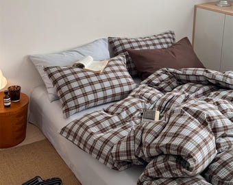 Brown Plaid Bedding Set, Vintage Checkered Duvet Cover Set, Soft Cotton Bed Set, Cozy Minimalist Bedding, Warm Neutral Bedroom Decor