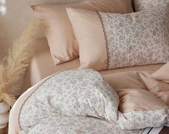 Beige Floral Duvet Cover Set: French Vintage Lace Trim Bedding