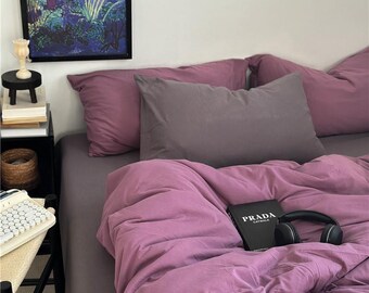Mauve Purple Bedding Set, Minimalist Solid Color Duvet Cover, Luxury Aesthetic Bed Set, Soft Washed Cotton Bedding, Modern Bedroom Decor