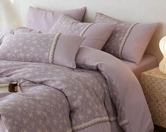 Lavender Floral Duvet Cover Set: French Vintage Lace Trim Bedding