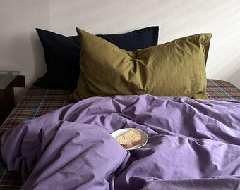 Juego de ropa de cama vintage a cuadros, funda nórdica de tartán verde con detalles morados, juego de cama retro estilo cabaña, ropa de cama estética de algodón suave