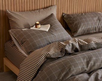 Brown Plaid Bedding Set: Minimalist Gingham Duvet Cover