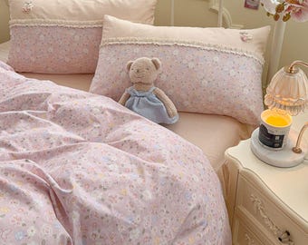 LifeTB Set Copripiumino Queen Size Floreale Rosa Con Volant In Pizzo, 3 Pezzi In Cotone, Stile Country E Boho, Con 2 Federe - 5
