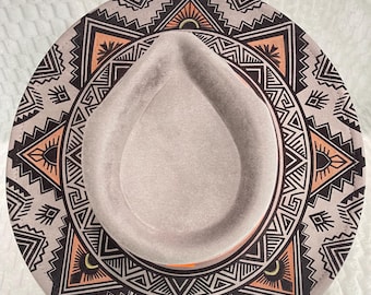 Western Aztec Fedora Hat | Laser Engraved Rancher Hat | Boho Wide Brim Hat | Tribal Pattern Festival Hat - Light Gray colored hat