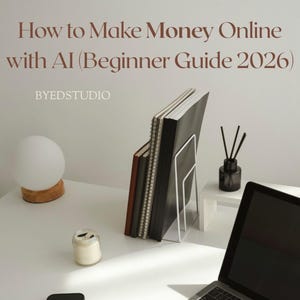 Op de afbeelding: Een laptop, smartphone en notitieboeken liggen op een witte tafel. De tekst luidt: "How to Make Money Online with AI (Beginner Guide 2026)" en "Simple & Realistic Ways to Earn Money Using ChatGPT and Other AI Tools."