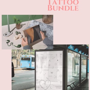 May include: The image features a pink background with the text "COQUETTE TINY TATTOO BUNDLE". It also shows a person opening a box with a tattoo design, and a bus stop advertisement with minimalist tattoo designs and the words "Søder Minimal Soft Aesthetic Lovers".