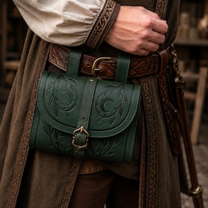 May include: A dark green leather pouch with a crescent moon and leaf design, secured with a brass buckle. The pouch is attached to a brown leather belt. The image shows a medieval-style accessory.