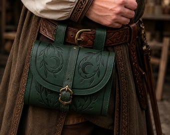 Embossed Moon Waist Pouch PU Leather with Metal Buckle – Fantasy Belt Bag for Renaissance Faire LARP Cosplay and Festival Costume