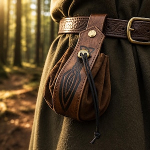 Marsupio medievale da cintura – Borsa con coulisse in ecopelle con motivo a nodo celtico – Accessorio per fiere rinascimentali, cosplay vichingo e LARP