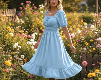 Smocked Waist Midi Dress – Square Neckline & Short Puff Sleeves – Casual A-Line Polyester Dress for European American Style Looks