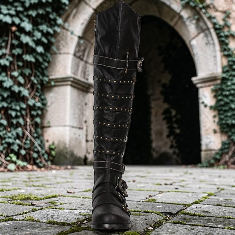 Renässansstövlar – Bruna konstläderskor med remmar och spännen – Cosplayskor med medeltida riddartema bild 10