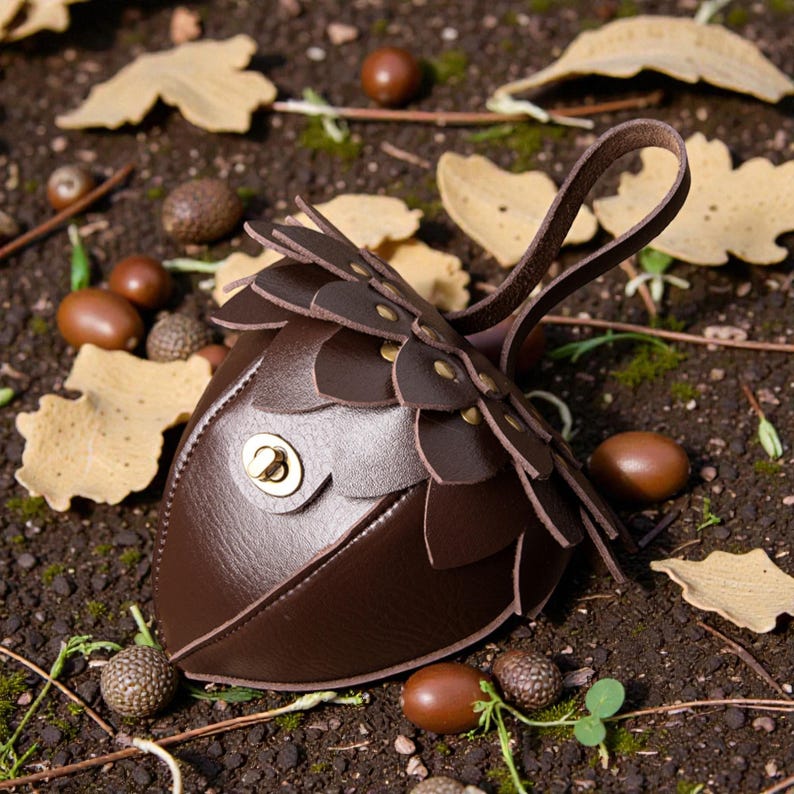 May include: A brown leather acorn-shaped purse with a handle, detailed with layered petal-like accents and small brass rivets. The purse has a gold-colored clasp. The background features acorns, leaves, and soil.