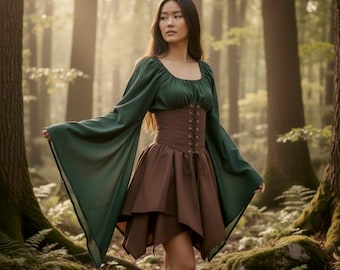 Ren Faire Corset Dress with Layered Skirt – Linen Blend Fantasy Gown with Dramatic Bell Sleeves – Adjustable Medieval Cosplay Outfit