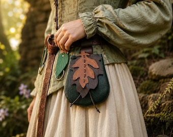 Medieval Belt Bag, Ren Faire Leaf Pouch, Faux Leather LARP Costume Set