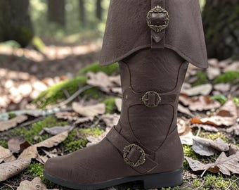 Medieval Knight Boots with Buckle Straps – PU Leather Footwear for Ren Faire and LARP Cosplay