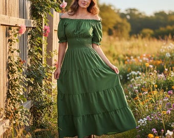 Off Shoulder Smocked Midi Dress with Puff Sleeves – Lightweight Tiered A-Line Dress for Romantic Cottagecore Summer Wear