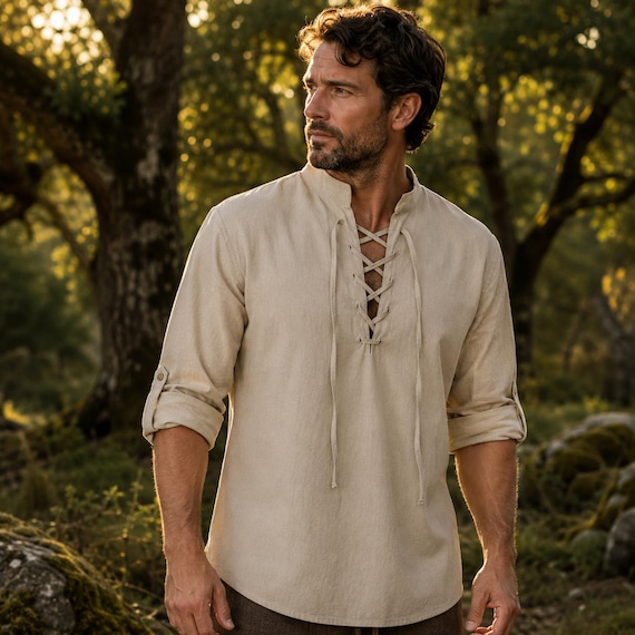 Men Medieval Lace-Up Shirt | Cotton Blend Pullover for Renaissance Fairs and Festivals