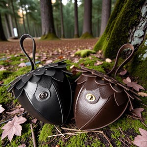 May include: Two acorn-shaped purses, one black and one brown, rest on mossy ground. Each purse features a petal-like design around the top and a small handle. The purses have a metal clasp closure. The background shows a forest with tall trees.