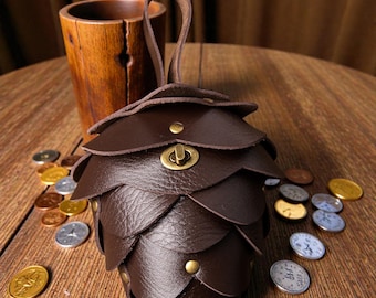 Medieval Leather Belt Bag, Pinecone Acorn Pouch, Renaissance Waist Pack, Steampunk Rivet Buckle