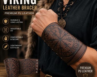 Wide Viking Wrist Bracer Engraved Vegvisir Compass Cuff – Faux Leather Arm Guard for LARP Fantasy Outfit