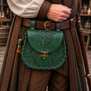 May include: A dark green leather pouch featuring an embossed leaf design on the flap and vine patterns on the front. The bag has a brass-colored metal clasp, braided leather edges, and a small glass vial with a cork stopper attached to the side.