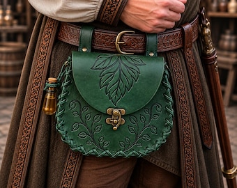 Embossed Leaf Waist Pouch PU Leather with Potion Vial – Fantasy Belt Bag for Renaissance Faire LARP Cosplay and Festival Costume
