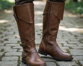 Brown Tall Boots with Buckle Straps – Retro Knight Inspired PU Leather Footwear with Side Zipper for Medieval Fantasy Character