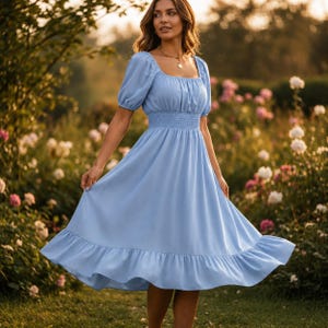 flowy square neck midi dress Dress, Puff Sleeve Summer, Romantic Cottagecore, Modest Casual Chic Outfit for Women fywings