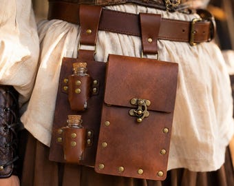 Viking Belt Pouch with Potion Bottles – PU Leather Medieval Utility Bag for LARP Gear.