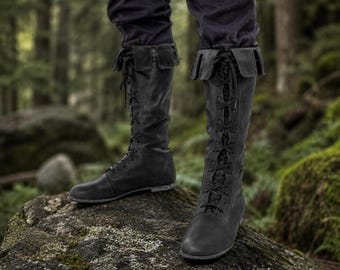 Black Lace Up Medieval Boots, Ren Faire Renaissance Boots, LARP Cosplay Knee High Footwear