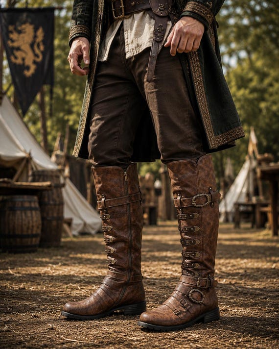 Renaissance Faire Boots – Brown Artificial Leather Footwear with Straps & Buckles – Medieval Knight Themed Cosplay Shoes