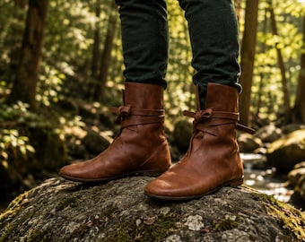 Medieval Leather Ankle Boots, Renaissance Faire Shoes, LARP & Viking Costume Boots, Flat Lace Up Fantasy Footwear, Vegan PU Leather