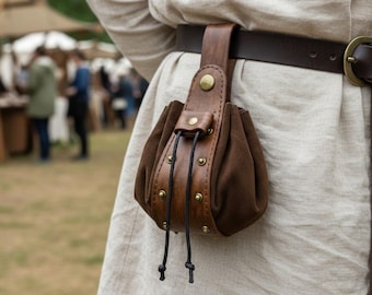Medieval Belt Pouch, Renaissance Fair Bag, PU Leather Drawstring Coin Pouch, LARP Festival Waist Bag, Viking Cosplay