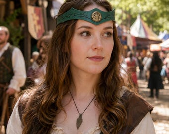 Adjustable Fantasy Headband with Embossed Vines and Stag Medallion – Faux Leather Elven Circlet for Ranger and Druid LARP Costumes