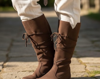 Bottes d'inspiration médiévale avec lanières enveloppantes - Bottines hautes en similicuir PU pour un costume de Ren Faire ou une tenue artistique rétro de tous les jours