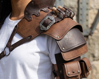 Medieval Shoulder Armor with Pauldron – PU Leather with Utility Pouches  Buckle – Adjustable Strap for LARP & Fantasy Cosplay Costume
