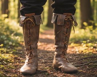 Medieval Lace-Up Boots – Tall PU Leather Footwear with Folded Cuff – Durable Anti-Slip Cosplay LARP Renaissance Adventure Gear