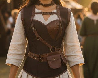 Medieval Corset Vest with Pouches – PU Leather Accents & Adjustable Straps – Renaissance Faire Costume Top for Women's Cosplay Outfit