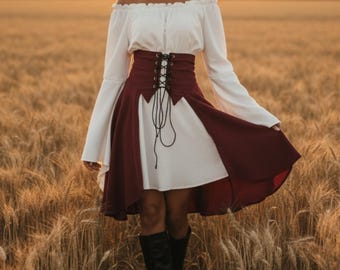 Off Shoulder Peasant Blouse and Corset Skirt Set – Flowy Medieval Costume with Bell Sleeves for Renaissance Faire and Fantasy Events