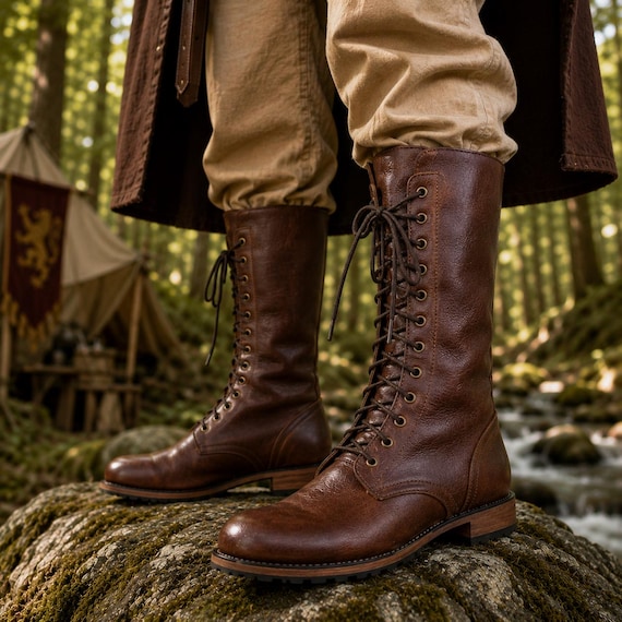 Medieval Knee High Boots, Renaissance Fair Boots, Viking LARP Boots, Pirate Cosplay Boots, Unisex Lace Up Combat Boots