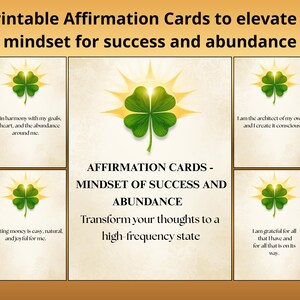 Peut inclure: Image numérique de 34 cartes d'affirmation imprimables pour élever votre état d'esprit pour le succès et l'abondance. Chaque carte présente un trèfle à quatre feuilles et une affirmation positive.