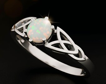 Celtic Knot Opal Ring, Triquetra Sterling Silver, Irish Promise Ring, October Birthstone