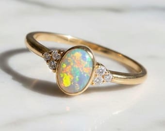 Natural Opal Ring • Oval cut with CZ Accents • 925 Sterling Silver • Handmade Engagement Ring