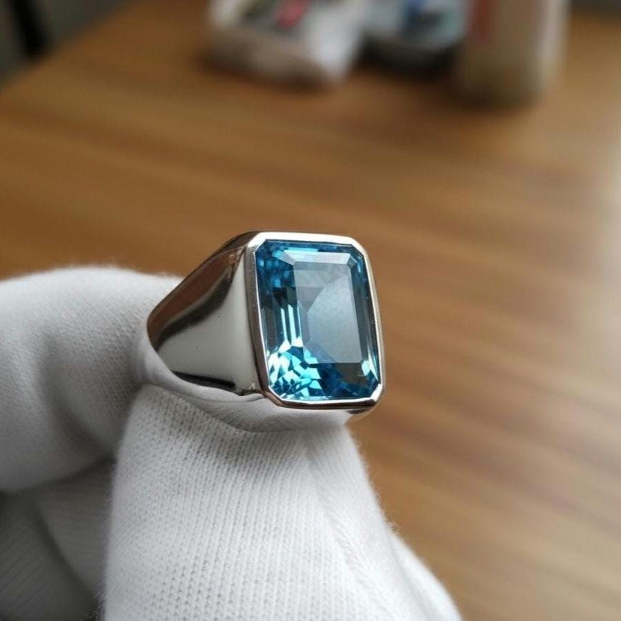Emerald Cut Swiss Blue Topaz Signet Ring • Sterling Silver Statement ...